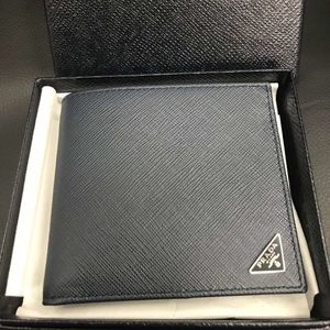 「SOLD」AUTH NEW PRADA BIFOLD BLACK LEATHER MENS WALLET